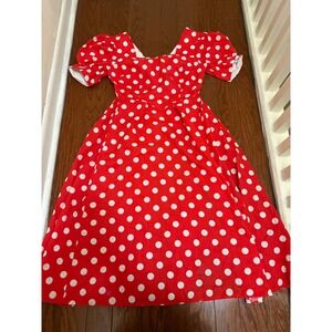Vintage Style Red Polka Dot Puff Sleeve Midi Dress Rockabilly Pinup Sweetheart